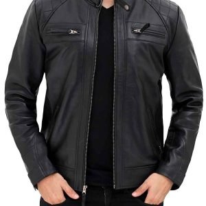 Black Mens Quilted Leather Cafe Racer Jacket With Snap Button Collar