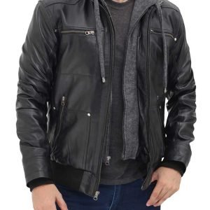 Black Bomber Mens Leather Jacket with Hood