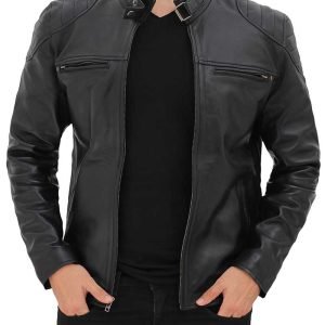 Vermont Black Leather Cafe Racer Motorcycle Jacket