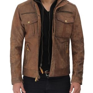 Light Brown Six Pocket Distressed Leather Jacket