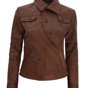 Audrey Button Style Brown Leather Moto Jacket Womens