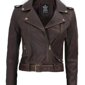 Nellie Cropped Dark Brown Distressed Leather Jacket Women