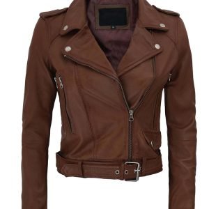 Nellie Asymmetrical Dark Brown Cropped Leather Jacket Womens