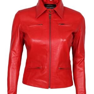 Upon Time Female Front Zip Body Fitted Peplum Red Short Leather Jacket