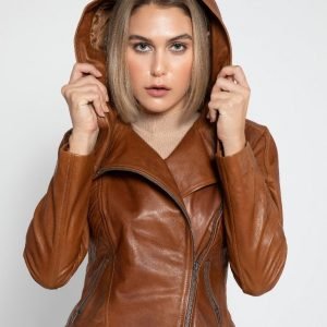 Georgetta Womens Asymmetrical Brown Leather Jacket with Hood