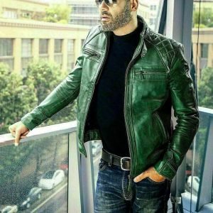 Diamond Classic Green Blue Biker Motorcycle Men Retro Genuine Leather Jacket