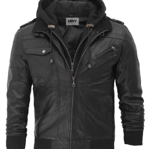 Edinburgh Mens Black Leather Jacket with Removable Hood
