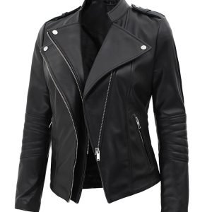 Monica Womens Asymmetrical Fitted Leather Jacket Black