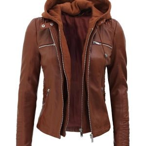 Helen Womens Brown Leather Jacket with Hood