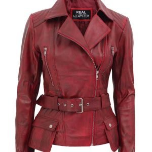 Womens Asymmetrical Burgundy Four Pocket Belted Moto Jacket