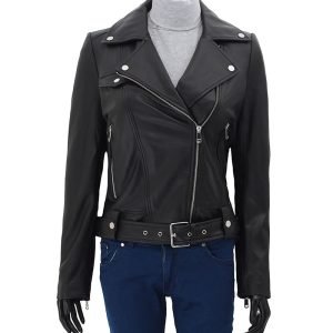 Womens Black Asymmetrical Cropped Moto Leather Jacket