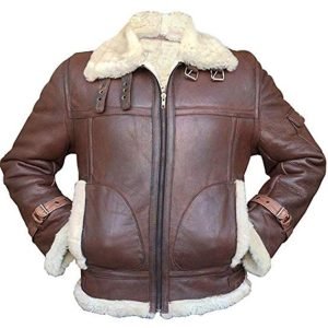 Men RAF Aviator FUR Shearling Brown Hand Made Lamb Skin Genuine Leather Jacket