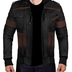 Men Black Hoodie Removable Bomber Hand Made Distressed Genuine Leather Jacket