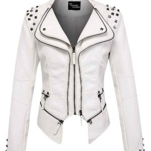 Women Fashion White Studded Perfectly Shaping Stylish Real Leather Jacket