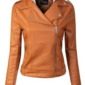 Women Orange Stylish Hooded with removable option in Real Leather Jacket