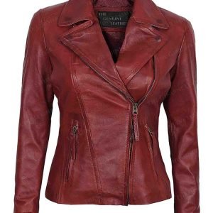 Women Stylish Party Wear Fashionable Maroon Real Leather Jacket