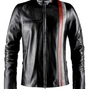 Men Black Distressed Wax Orange White Stripes Cafe Racer Real Leather Jacket