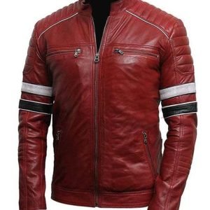 Men Stylish Cafe Racer Black and White Stripe Distressed Red Genuine Leather Jacket