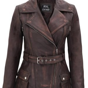 Womens Four Pocket Asymmetrical Distressed Brown Leather Biker Jacket