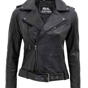 Womens Asymmetrical Leather Motorcycle Jacket With Belted Waist