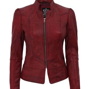 Womens Biker Slim Maroon Leather Jacket