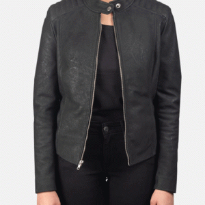 Kelsee Distressed Black Leather Biker Jacket