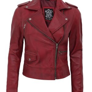 Amber Womens Moto Maroon Asymmetrical Leather Jacket