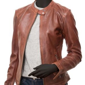 Calgary Ladies Cognac Leather Biker Jacket