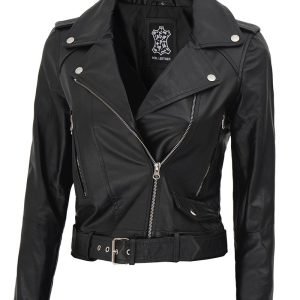 Nellie Black Asymmetrical Cropped Leather Jacket Womens