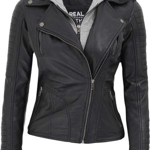 Bagheria Black Womens Leather Jacket with Hood