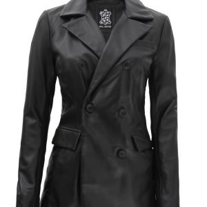 Breanna Black Double Breasted Leather Coat Women